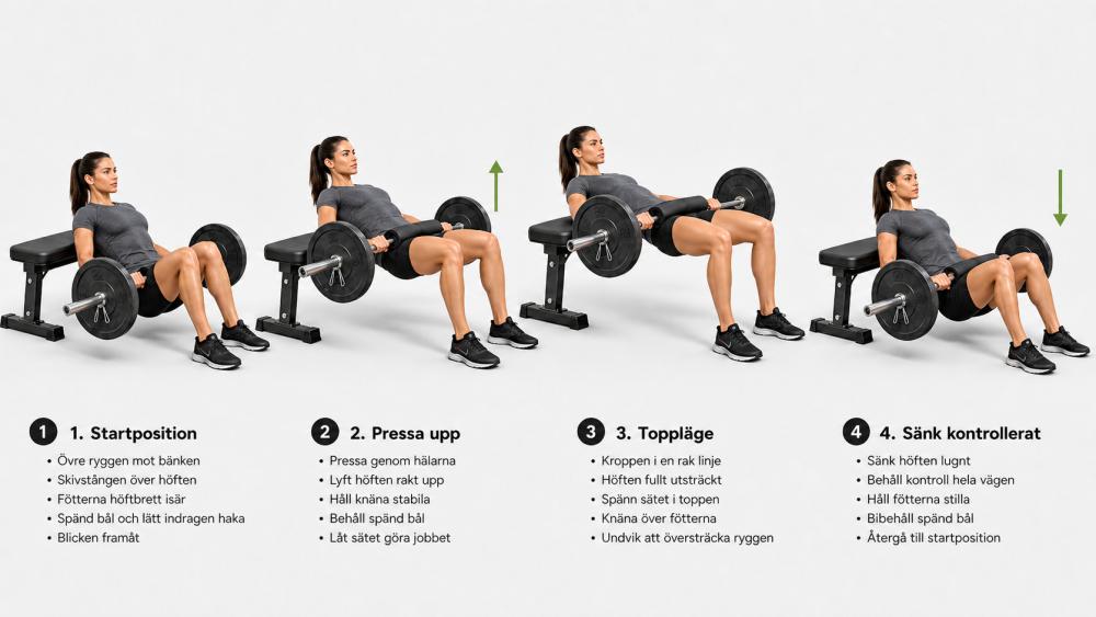 Steg för steg guide med kvinna som visar hip thrust