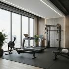 Hotellgympaket medium med roddmaskin, löpband, smith/dap, träningsbänk, viktskivor, hantlar och hantelställ.