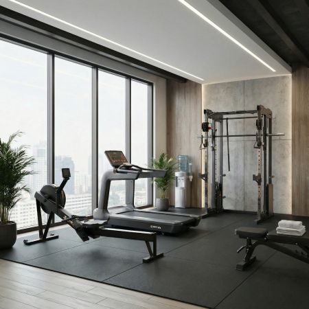 Hotellgympaket medium med roddmaskin, löpband, smith/dap, träningsbänk, viktskivor, hantlar och hantelställ.