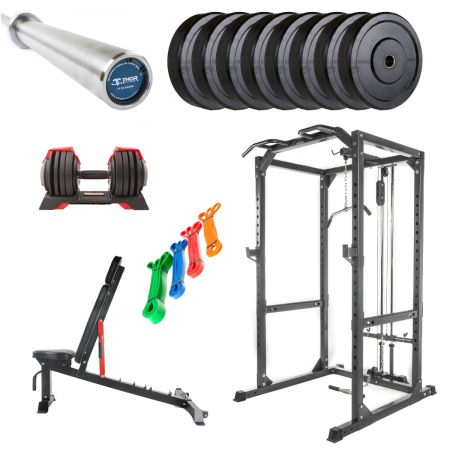 Vill du bli lika stark som Viktor? Välj Viktors hemmagym – Bas: power cage, skivstång, bumpervikter, bänk, band, clips och hantlar. Noga utvalt av Viktor.
