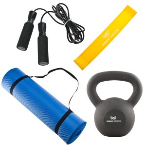 Lilla hemmagymmet-paket med hopprep, yogamatta, motståndsband och kettlebell